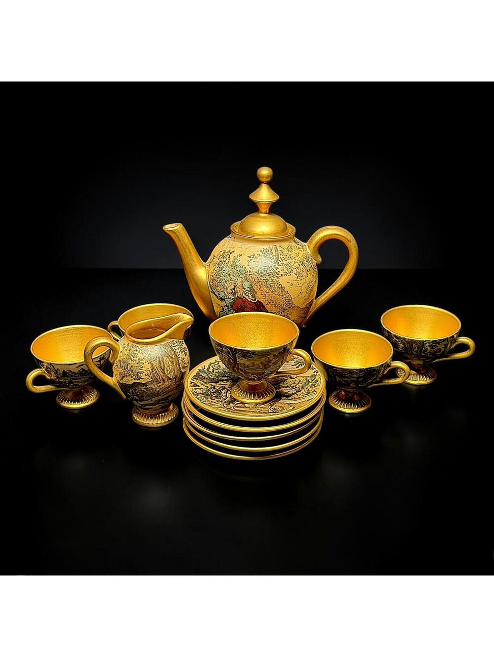 Vintage C Fiorentine Italy Tea Set Gold Hunt Scene Teapot Cups - 10255